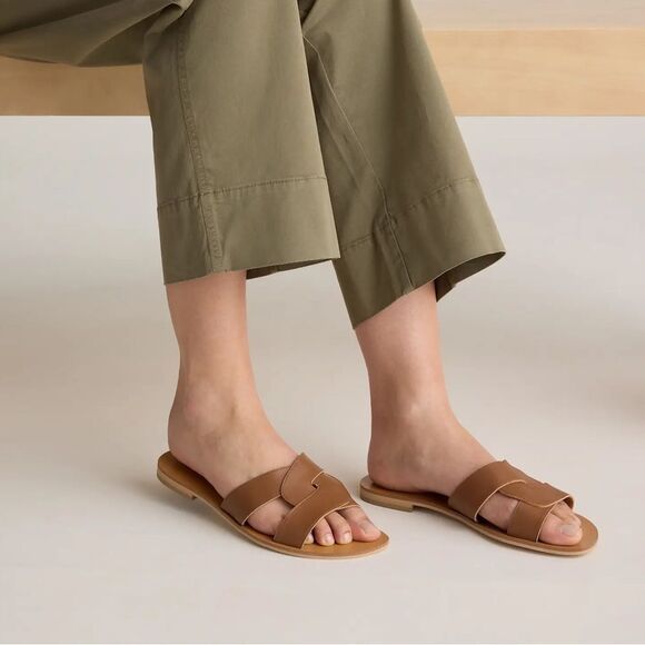 Quince Brown Leather Italian Leather Cutout Slide Sandal size 9.5 NWOB - Picture 1 of 7